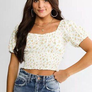 Billabong White Floral Get Along Puff Sleeve Crop Top M